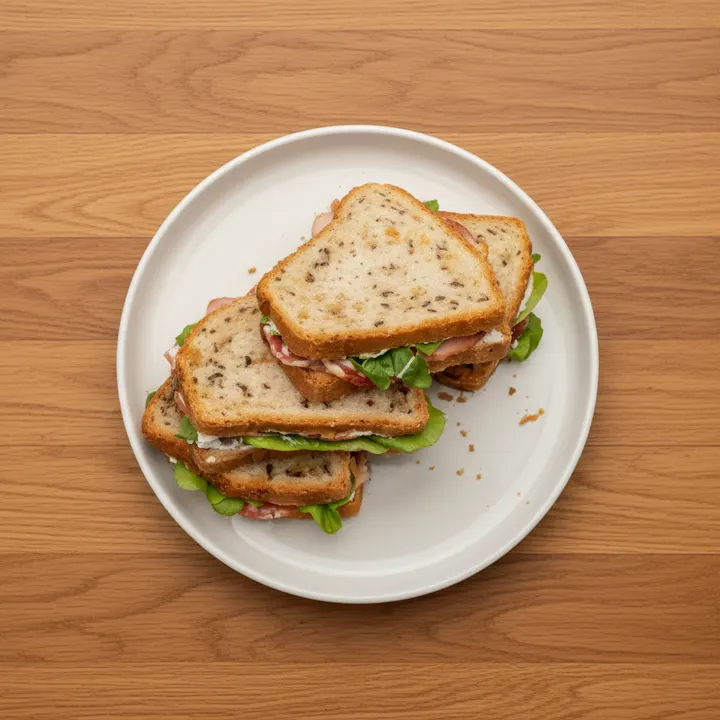 Sandwich de pan de nuez relleno con bondiola, rúcula y tomate